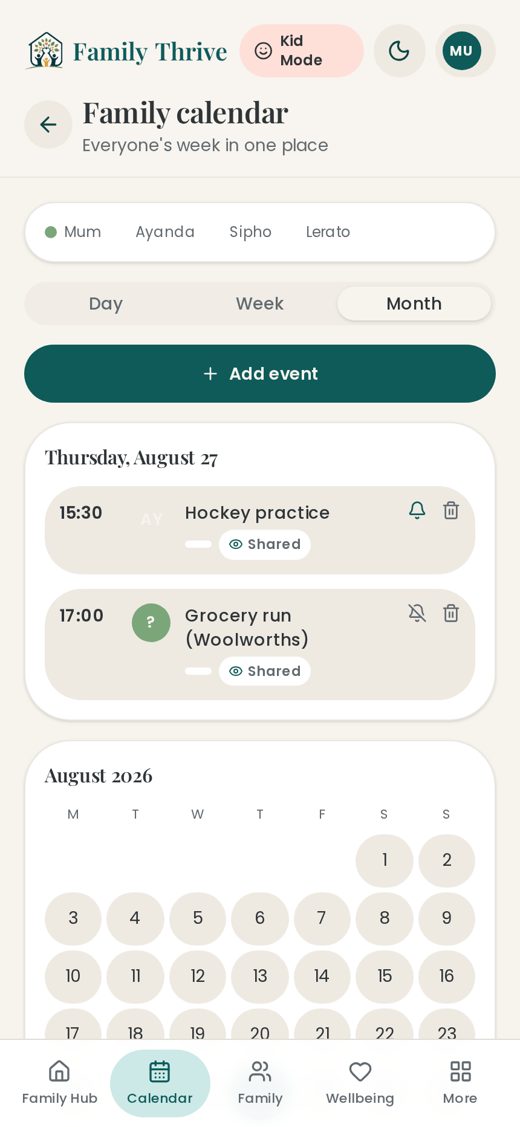4. The family calendar — Month view — tap a date to see that day’s plan.