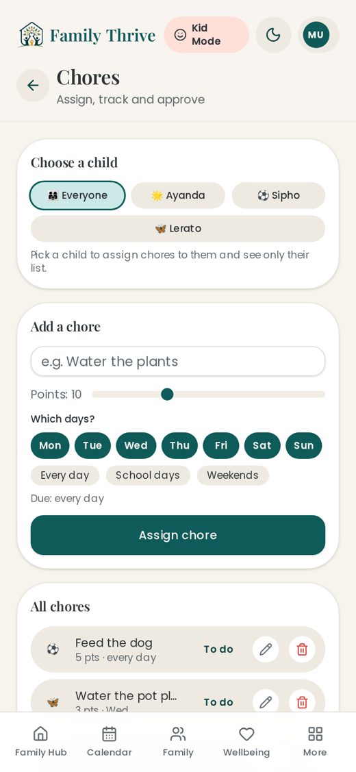 7. Chores, day by day — Chores with weekday selection and points.