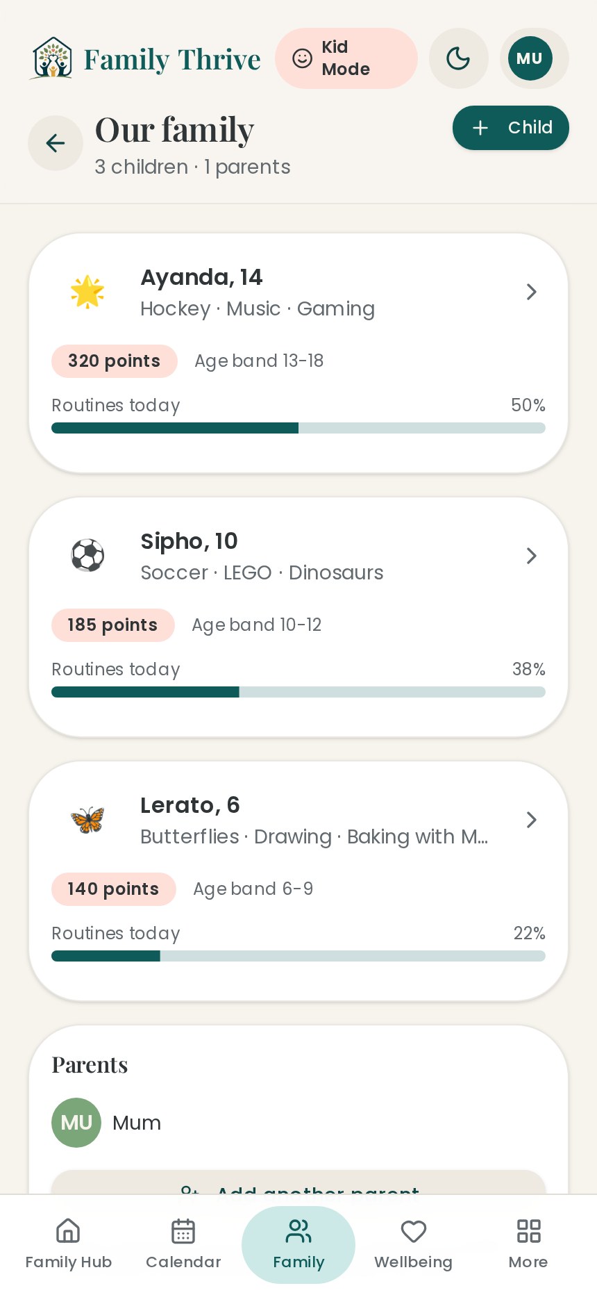 2. Add your children — The Family page — tap “Child” to add each child.