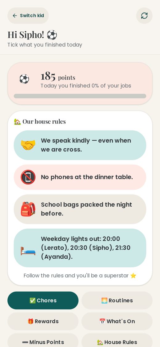 18. A child’s home screen — Kid Mode home — simple and encouraging.