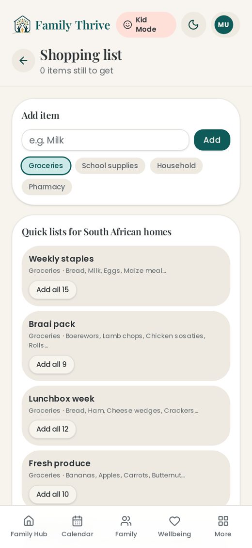 14. Shopping list with a reminder — The shared shopping list, grouped by aisle.
